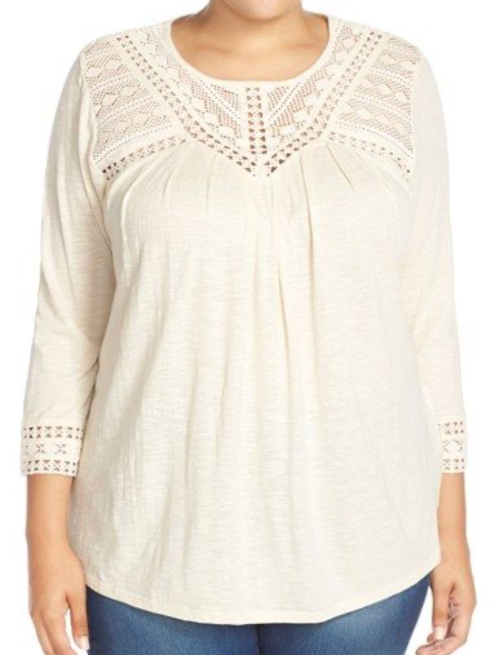 EUC Size 1X Lucky Brand Oatmeal Crochet Lace Peasant Blouse